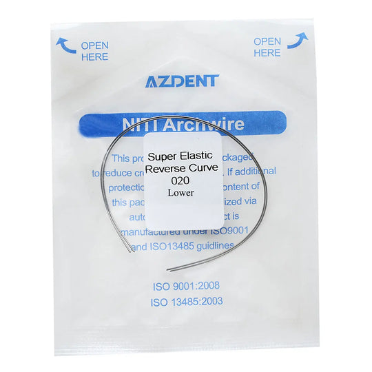 Archwire Niti Reverse Curve Round Full Size 2pcs/Pack: AZDENT NiTi Archwire Super Elastic Reverse Curve 020 Lower in sealed package, displaying product details and ISO certifications, with curved wire visible through transparent window