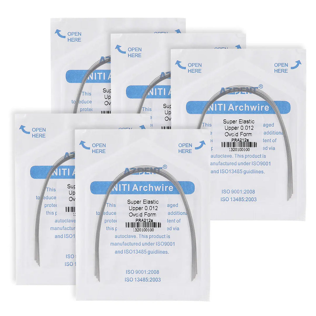 Multiple packages of Archwire NiTi Super Elastic Ovoid Round 0.012 Upper 10pcs/Pack displayed. Each package contains a curved dental archwire visible through clear packaging. Product labels show technical details and "NITI Archwire" branding in blue.