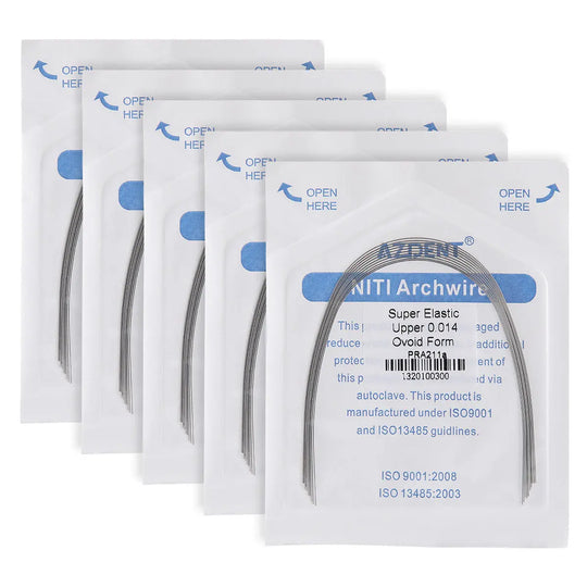 Archwire NiTi Super Elastic Ovoid Form Round 0.014 Upper 10pcs/Pack - Five sealed packages of dental NiTi archwires, displaying product information and ISO certifications. Each package contains a coiled wire visible through a clear window, designed for orthodontic use in upper teeth alignment.