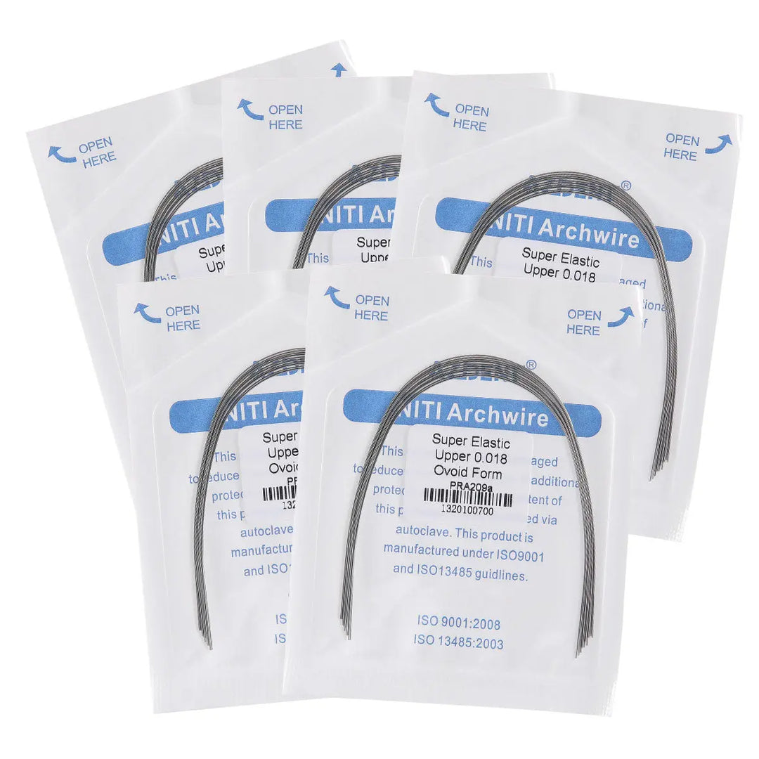 Archwire NiTi Super Elastic Ovoid Round 0.018 Upper 10pcs/Pack displayed in sealed packages. Multiple white pouches with blue labeling showing product details and curved archwires visible through transparent windows.