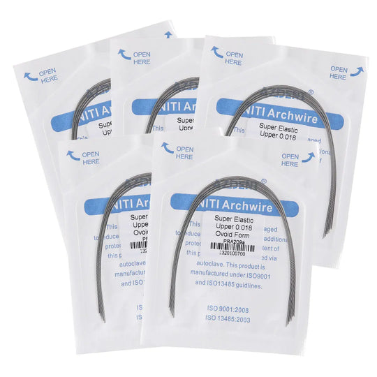 Archwire NiTi Super Elastic Ovoid Round 0.018 Upper 10pcs/Pack displayed in sealed packages. Multiple white pouches with blue labeling showing product details and curved archwires visible through transparent windows.