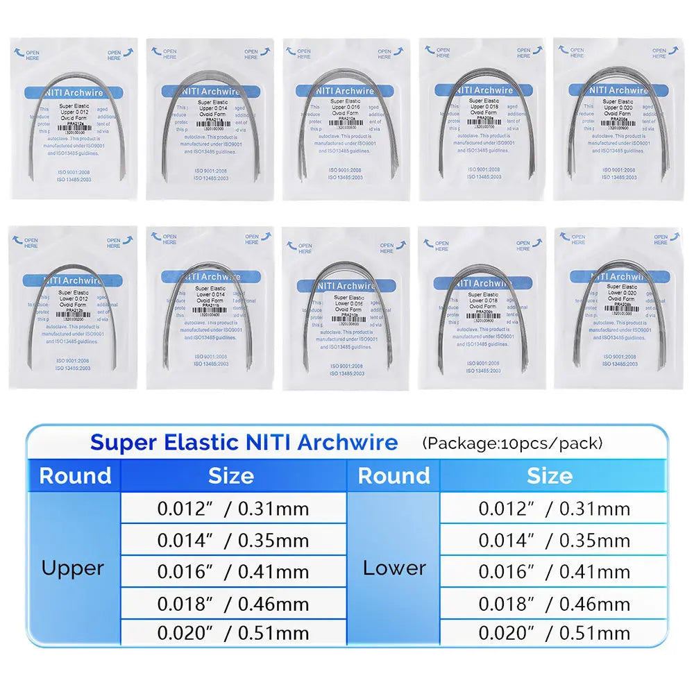 Archwire NiTi Super Elastic Ovoid Round 0.018 Upper 10pcs/Pack displayed in packaging with size chart showing various dimensions for upper and lower dental archwires, ranging from 0.012" to 0.020" in diameter. Product features super elastic NiTi material for orthodontic use.