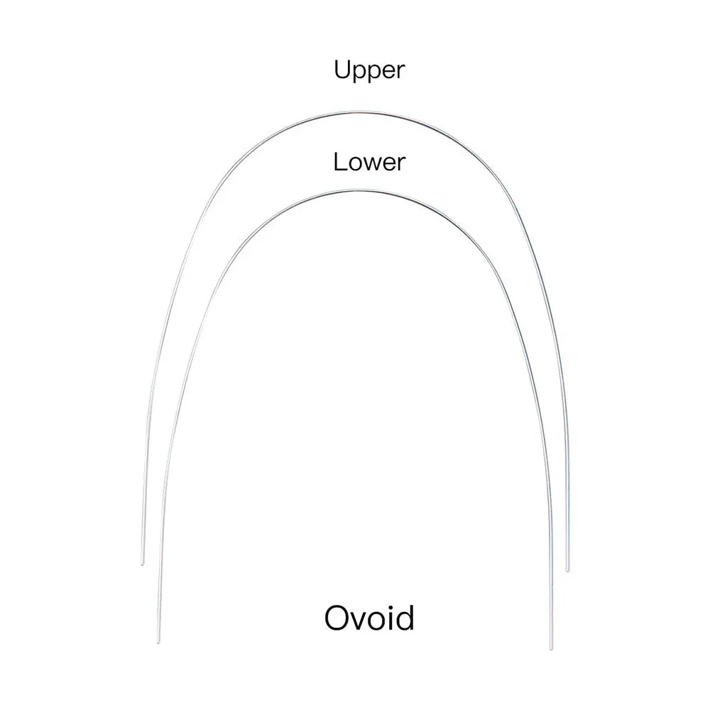 Archwire NiTi Super Elastic Ovoid Round 0.018 Upper 10pcs/Pack diagram showing upper and lower ovoid dental arch shapes for orthodontic treatment. Illustrates the curved, egg-like form of the dental arches used in orthodontic wire placement.