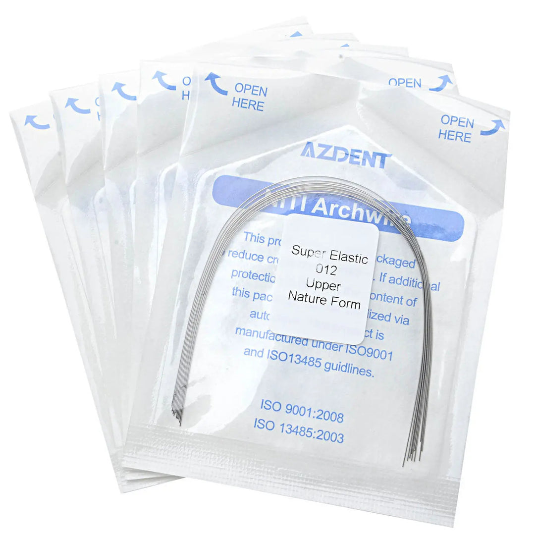 Arch Wire NiTi Super Elastic Natural Round 0.012 Upper 10pcs/Pack: Sealed packets containing curved dental orthodontic archwires with blue labeling. Visible product details include super elastic, 0.012 size, and upper arch specification. ISO certifications printed on packaging.