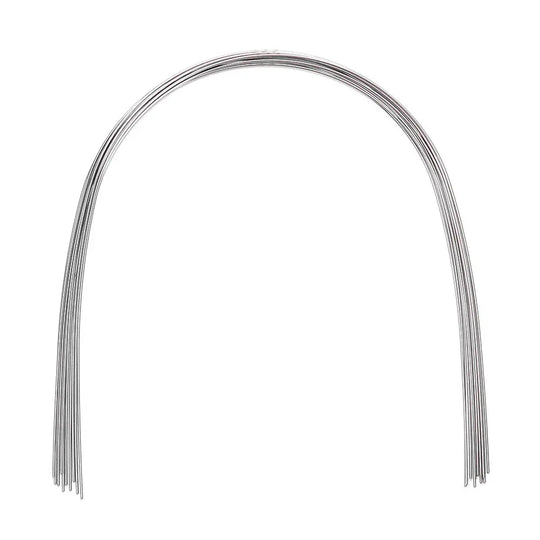 Arch Wire NiTi Super Elastic Natural Round 0.012 Upper 10pcs/Pack: Dental orthodontic archwire with natural curvature, displayed as a silver-colored, U-shaped wire with multiple strands. The wire's shape mimics the natural arch of upper teeth for efficient orthodontic treatment.