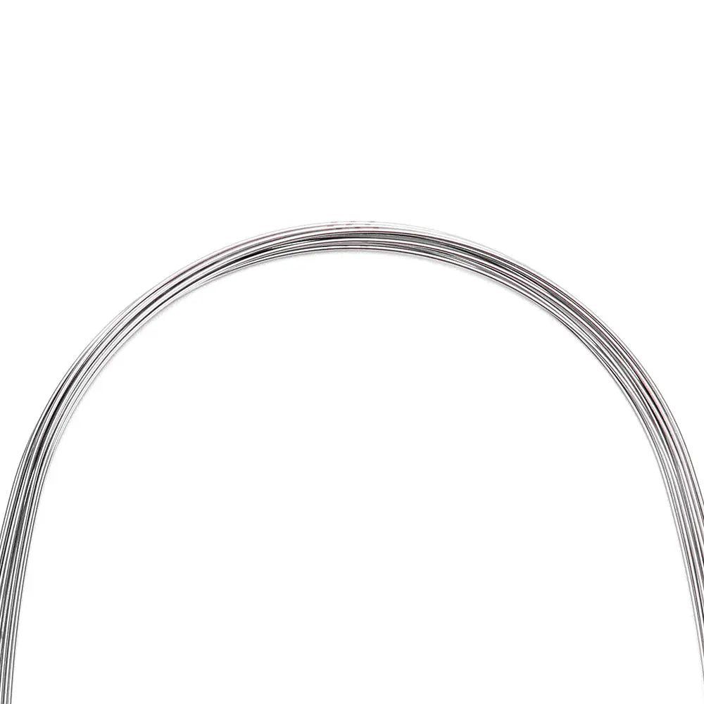 Arch Wire NiTi Super Elastic Natural Round 0.012 Upper 10pcs/Pack - Curved dental orthodontic archwire made of nickel titanium, showing natural curvature for upper teeth. Thin, round wire with smooth, reflective surface, packed in a set of 10 pieces for dental treatments.