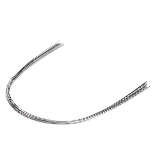 Arch Wire NiTi Super Elastic Natural Round 0.012 Upper 10pcs/Pack: Curved dental orthodontic archwire with permanent midline marks, made of nickel titanium, designed for upper teeth alignment. Shown in a U-shape, reflecting its natural curvature for efficient oral cavity fitting.