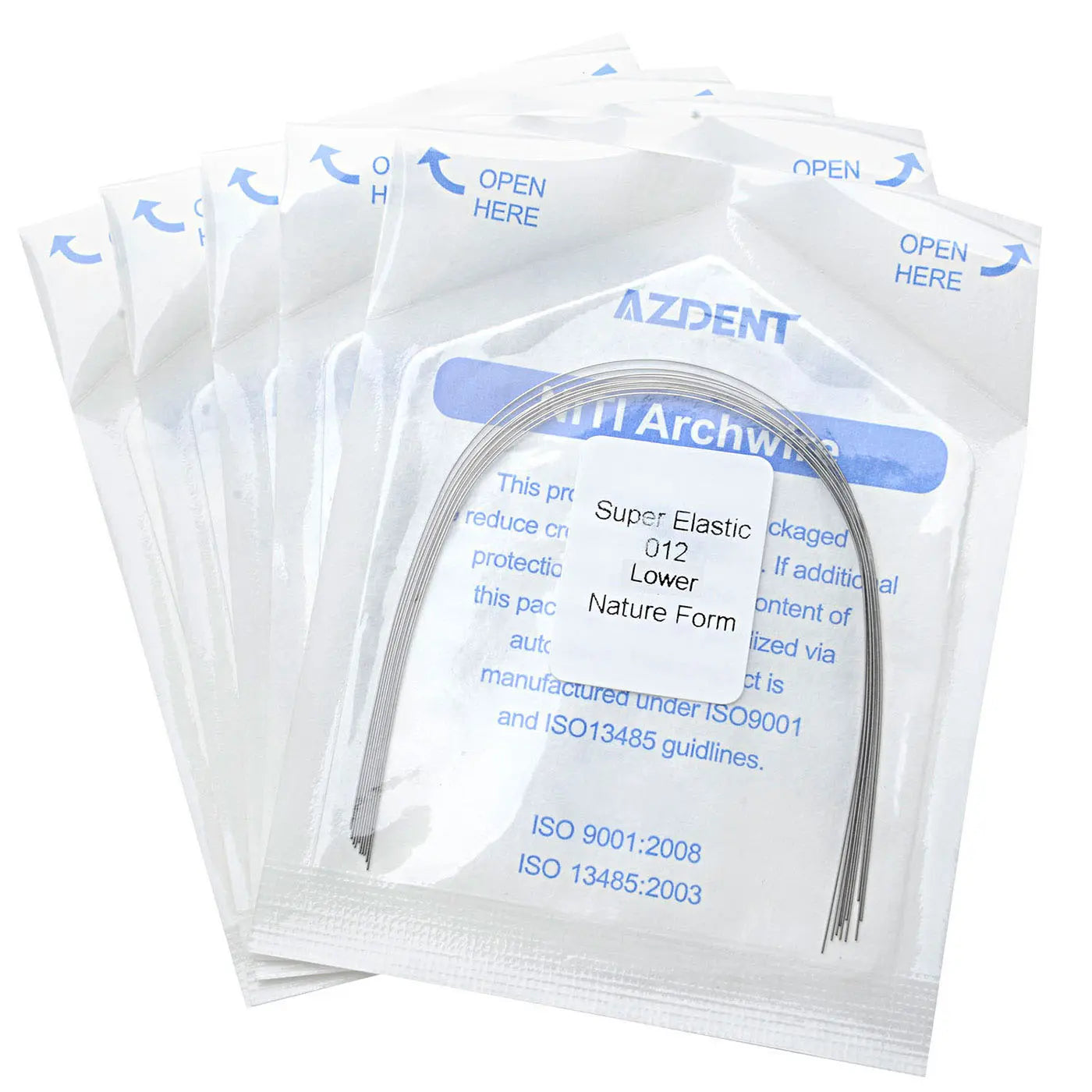 Arch Wire NiTi Super Elastic Natural Round 0.012 Lower 10pcs/Pack - Dental orthodontic archwires in sealed packages with product information visible. Curved metal wire displayed on top of packaging, showcasing the natural form design for lower teeth alignment.