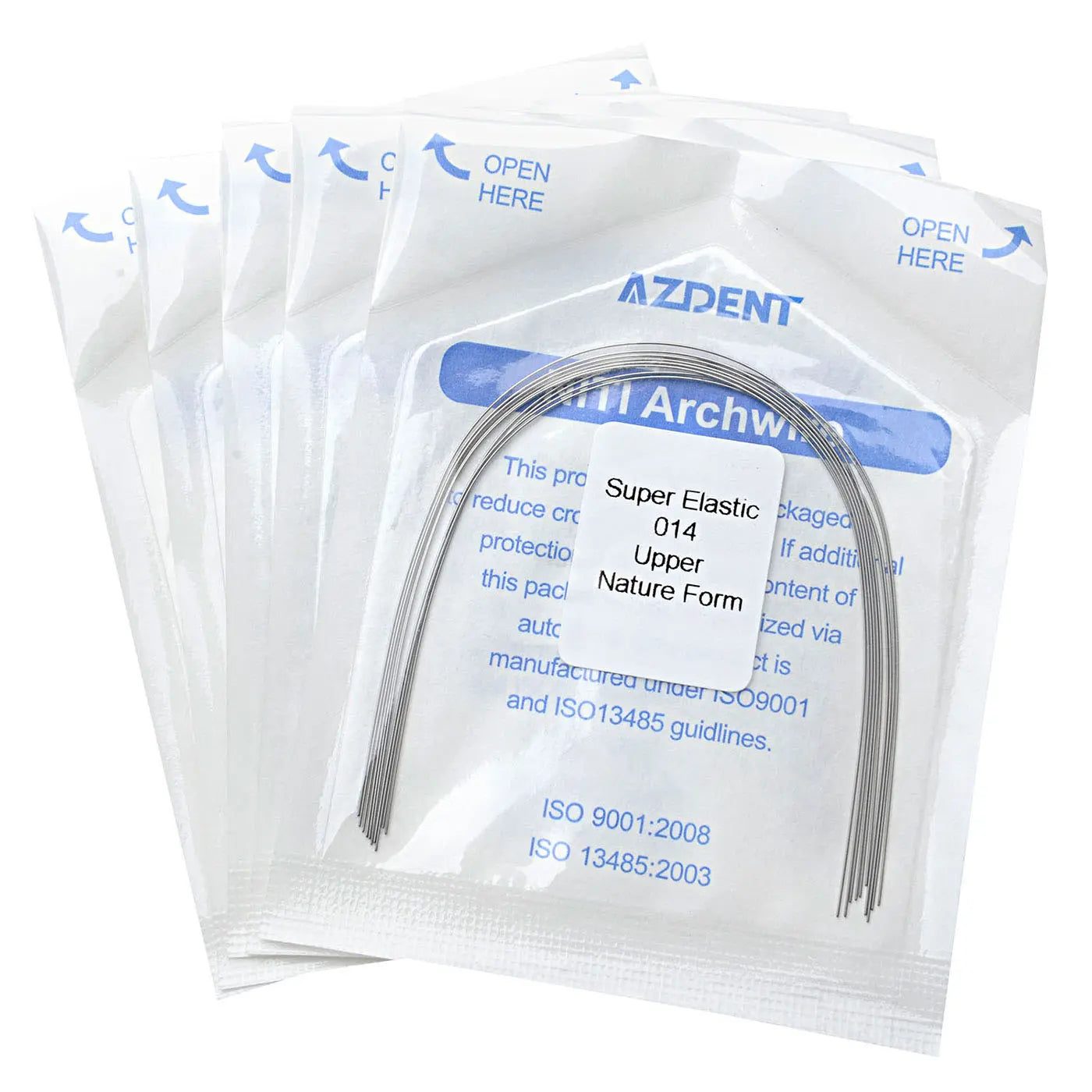 Arch Wire NiTi Super Elastic Natural Round 0.014 Upper 10pcs/Pack - Dental orthodontic archwires in sealed packages, featuring curved nickel titanium wires for upper teeth. Multiple packs displayed, showing product details and ISO certification information.