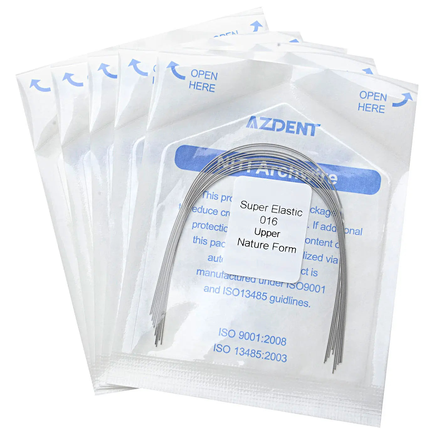 Arch Wire NiTi Super Elastic Natural Round 0.016 Upper 10pcs/Pack: Dental orthodontic archwires in sealed packages. Multiple transparent pouches with blue "OPEN HERE" text, containing curved metal wires visible through clear windows. Product details printed on packaging.