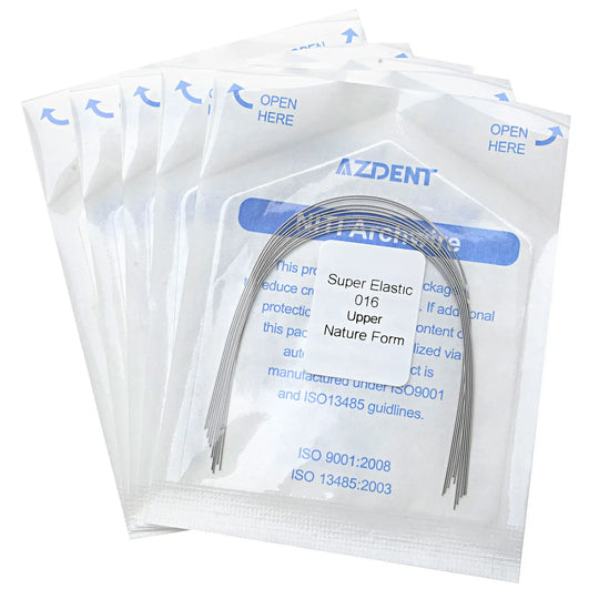 Arch Wire NiTi Super Elastic Natural Round 0.016 Upper 10pcs/Pack: Dental orthodontic archwires in sealed packages. Multiple transparent pouches with blue "OPEN HERE" text, containing curved metal wires visible through clear windows. Product details printed on packaging.