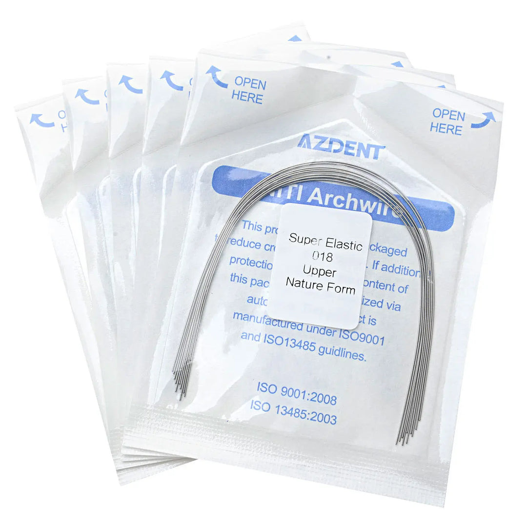 Arch Wire NiTi Super Elastic Natural Round 0.018 Upper 10pcs/Pack: Dental orthodontic archwires in sealed packages with product information visible. Curved metal wires displayed on packaging, demonstrating natural form for upper teeth alignment.