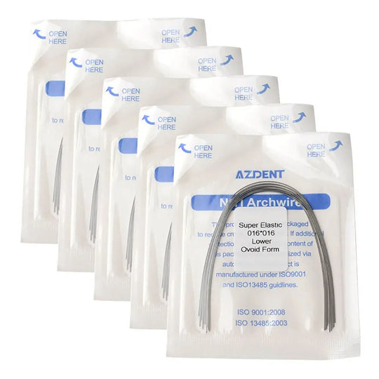 Archwire Niti Super Elastic Ovoid Form Rectangular 0.016 x 0.016 Lower 10pcs/Pack - Multiple sealed packages of dental orthodontic archwires, labeled AZDENT NiTi Archwire, with blue text indicating product details and opening instructions