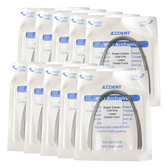 Multiple packages of Archwire Niti Super Elastic Ovoid Form Rectangular 0.016 x 0.016 Lower dental orthodontic archwires, displaying product information and curved wire samples. White packaging with blue text and transparent windows showing the archwires inside.