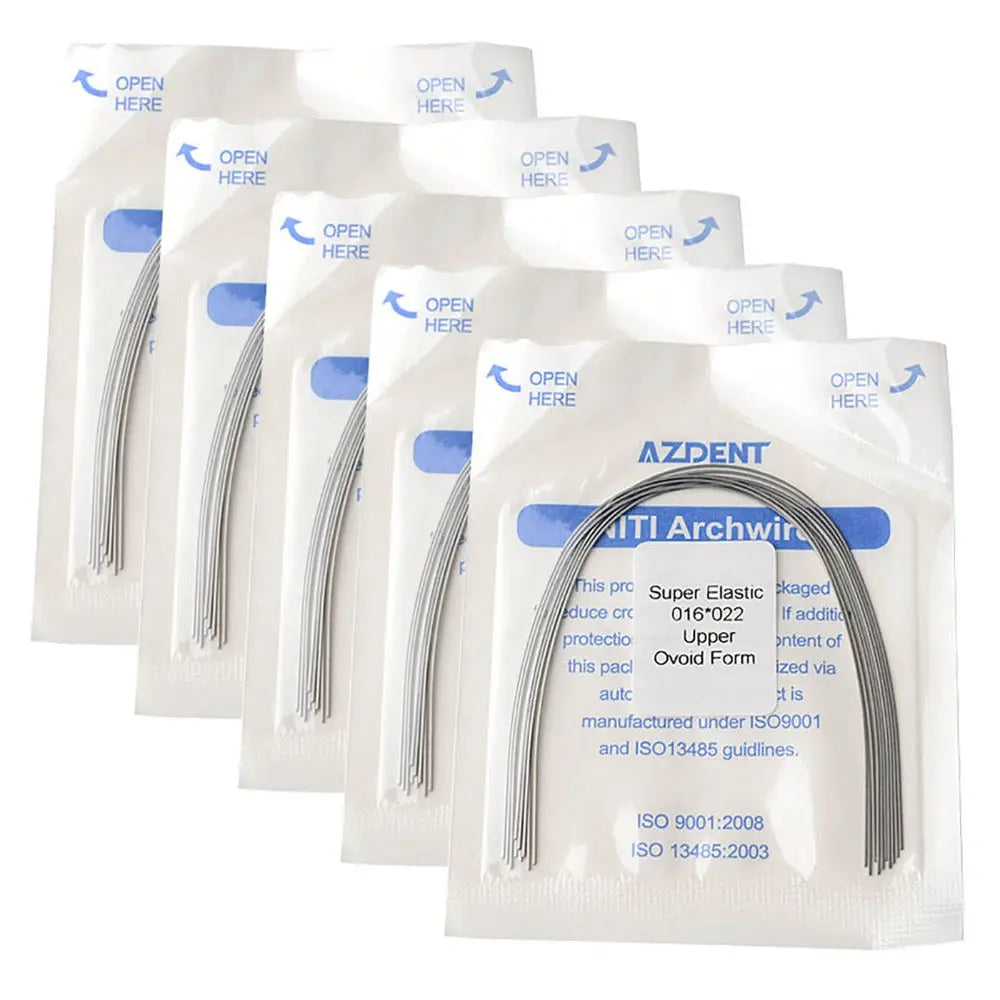 Archwire Niti Super Elastic Ovoid Form Rectangular 0.016 x 0.022 Upper 10pcs/Pack: Five sealed packages of AZDENT dental orthodontic archwires, displaying curved metal wires visible through transparent packaging with blue text and logos.