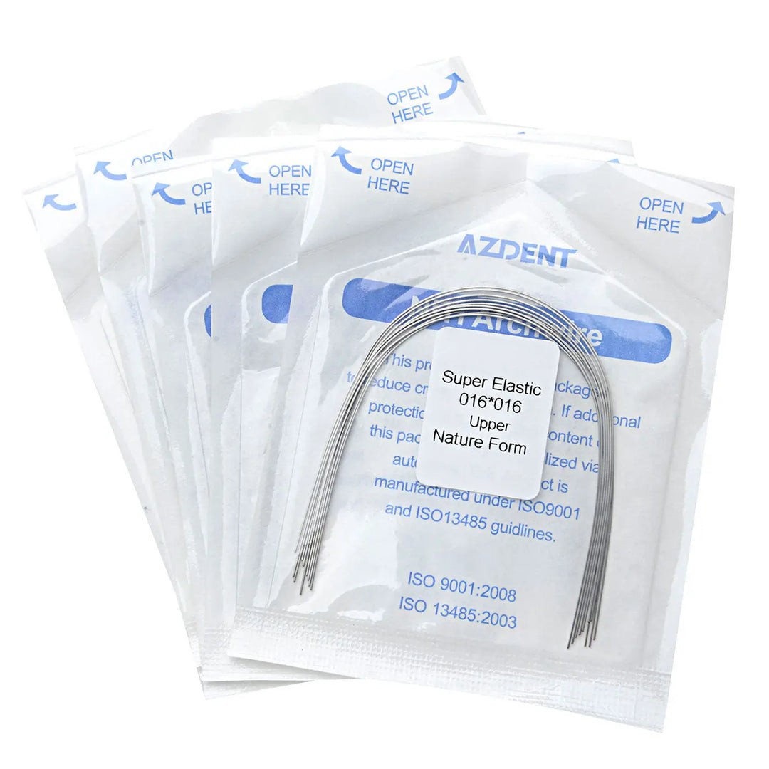 Archwire NiTi Super Elastic Natural Rectangular 0.016 x 0.016 Upper 10pcs/Pack: Sealed packages of dental orthodontic archwires, showing curved metal wires and product information printed on white packaging with blue text and logos. ISO certification details visible on packaging.