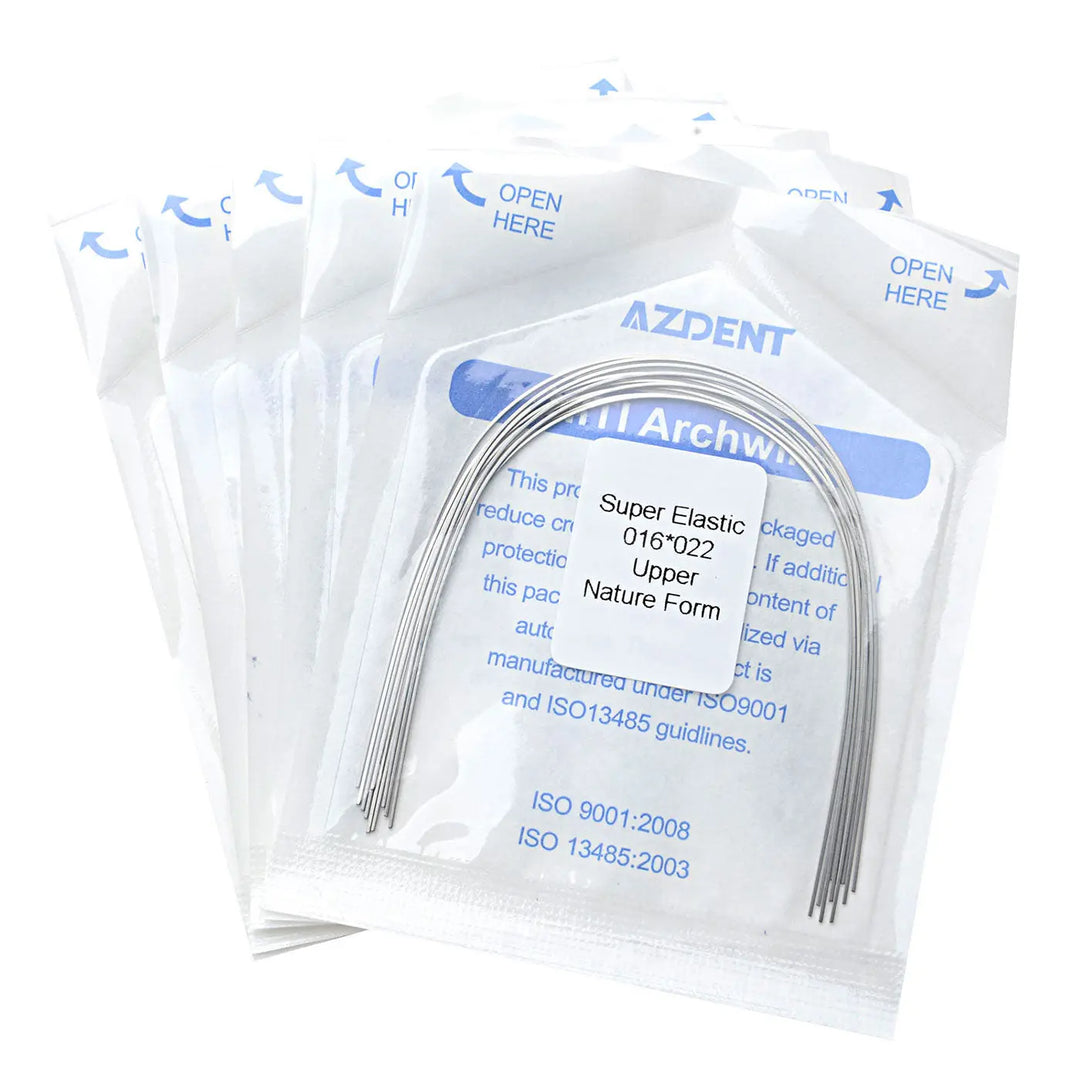 Archwire NiTi Super Elastic Natural Rectangular 0.016 x 0.022 Upper 10pcs/Pack: Sealed packages containing curved dental orthodontic archwires. Visible product details on packaging include size, material, and "Nature Form" designation. ISO certification numbers displayed.