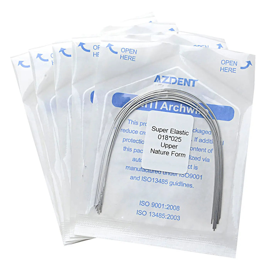 Archwire NiTi Super Elastic Natural Rectangular 0.018 x 0.025 Upper 10pcs/Pack: Sealed packages containing curved dental orthodontic archwires, with blue text detailing product specifications and ISO certifications visible on the packaging.