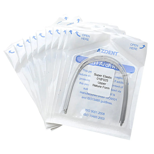 Archwire NiTi Super Elastic Natural Rectangular 0.018 x 0.025 Upper 10pcs/Pack displayed in individual sterile packaging. Multiple sealed pouches with blue labeling showing product details and opening instructions. Curved orthodontic wire visible through transparent front of package.