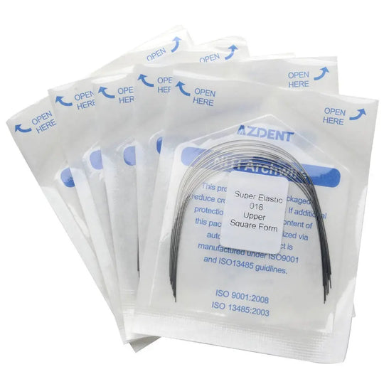 Archwire NiTi Super Elastic Square Round 0.018 Upper 10pcs/Pack displayed in sealed packages with 'OPEN HERE' instructions, showing curved orthodontic wires visible through transparent packaging, labeled with product details and ISO certifications.