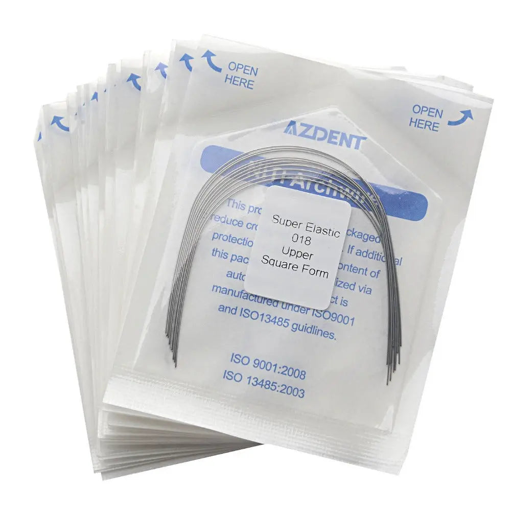 Archwire NiTi Super Elastic Square Round 0.018 Upper 10pcs/Pack: Dental orthodontic archwires in sealed packages. Multiple white pouches with blue text, displaying product details and opening instructions. Clear view of curved wire inside one package.