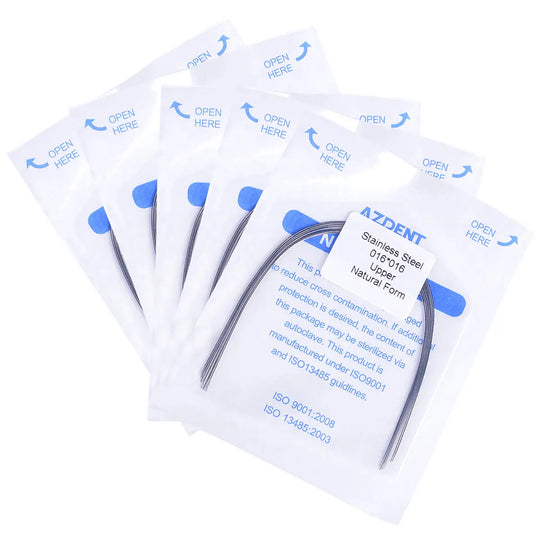 Archwire Stainless Steel Natural Rectangular 0.016 x 0.016 Upper 10pcs/Pack displayed in sealed transparent packages with blue labeling, showing curved metal wires for dental orthodontic use