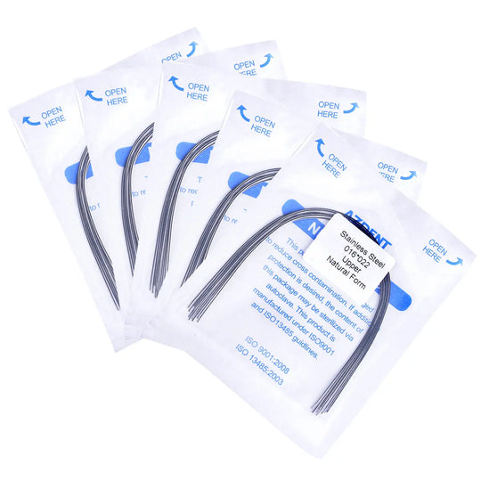 Archwire Stainless Steel Natural Form Rectangular 0.016 x 0.022 Upper 10pcs/Pack displayed in sealed transparent packages with blue labels. Multiple curved dental archwires visible inside each packet, arranged in a fan-like pattern showcasing the natural arch form.