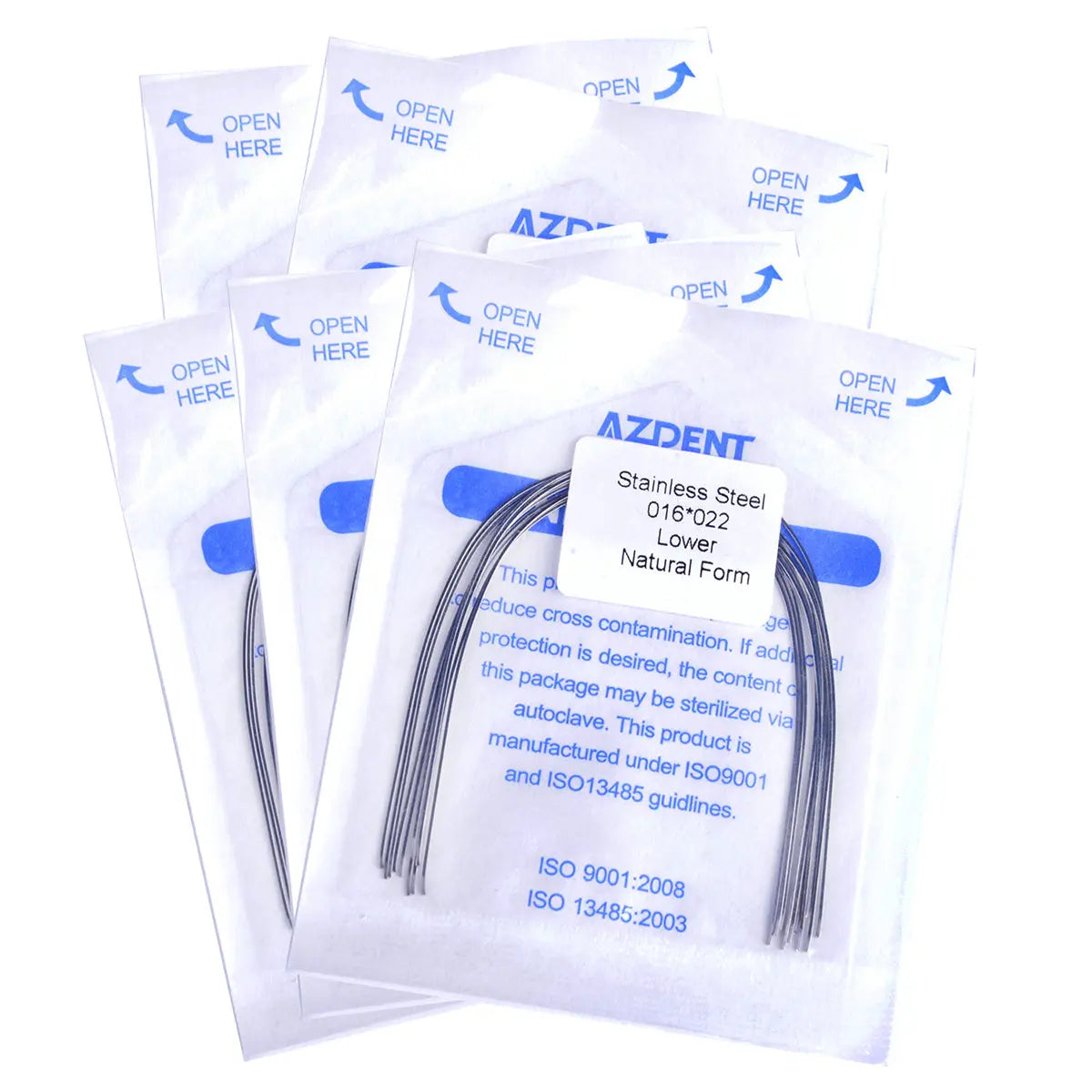 Archwire Stainless Steel Natural Form Rectangular 0.016 x 0.022 Lower 10pcs/Pack displayed in multiple sealed transparent packages with blue text. Each package contains curved dental archwires visible through the clear packaging.