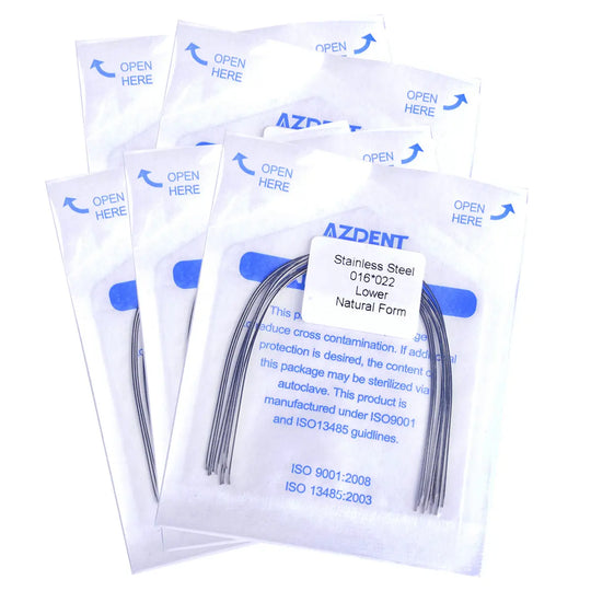 Archwire Stainless Steel Natural Form Rectangular 0.016 x 0.022 Lower 10pcs/Pack displayed in multiple sealed transparent packages with blue text. Each package contains curved dental archwires visible through the clear packaging.