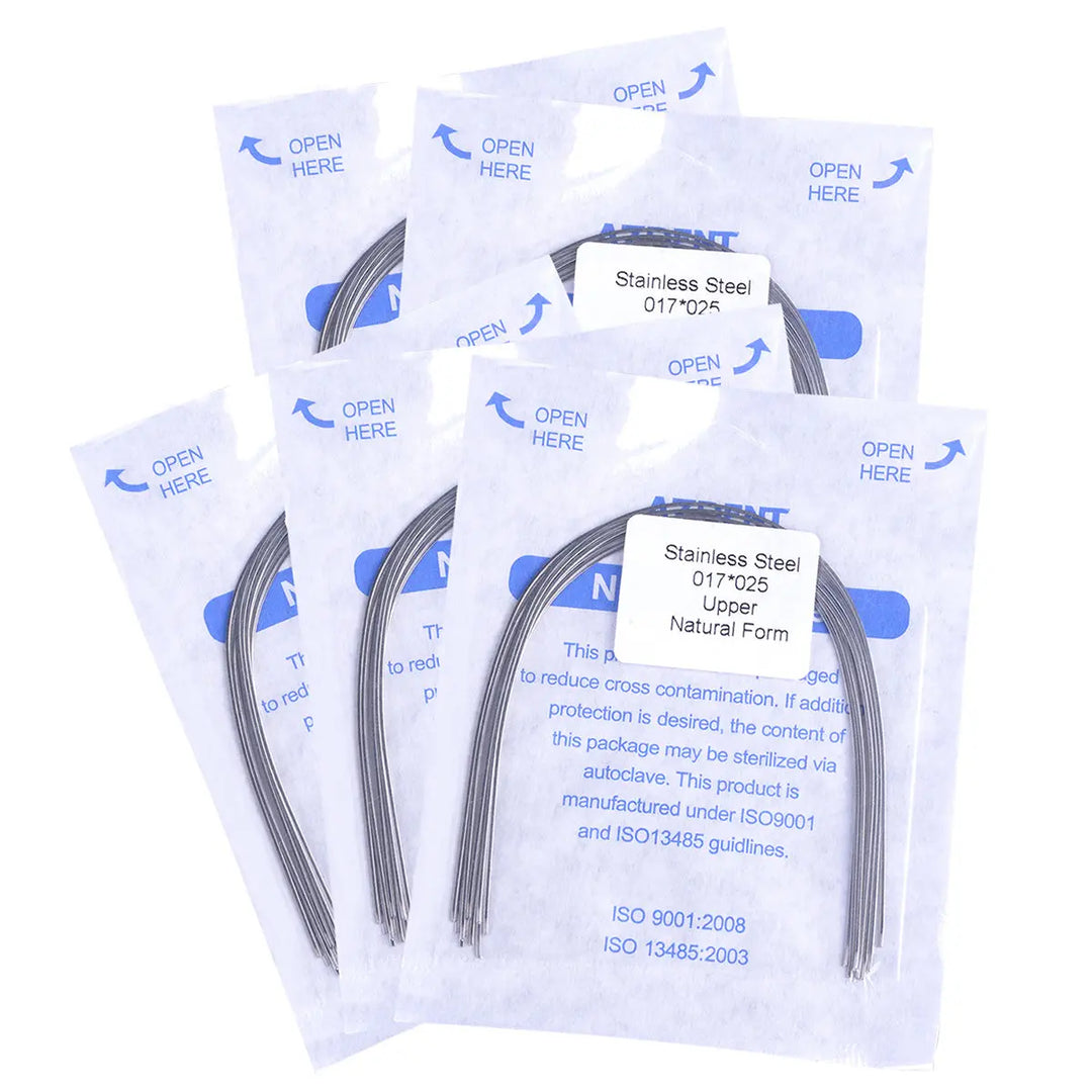 Archwire Stainless Steel Natural Form Rectangular 0.017 x 0.025 Upper 10pcs/Pack displayed in sealed packages. Multiple transparent pouches containing curved metal wires for orthodontic use, with product details and instructions visible on packaging.