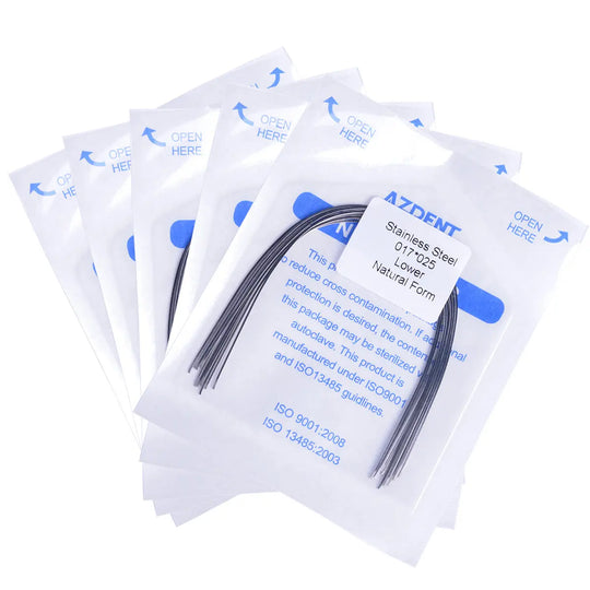 Archwire Stainless Steel Natural Form Rectangular 0.017 x 0.025 Lower 10pcs/Pack displayed in sealed plastic packages. Multiple transparent pouches containing curved black wires visible through packaging. Blue labeling on packages indicates product details and instructions.