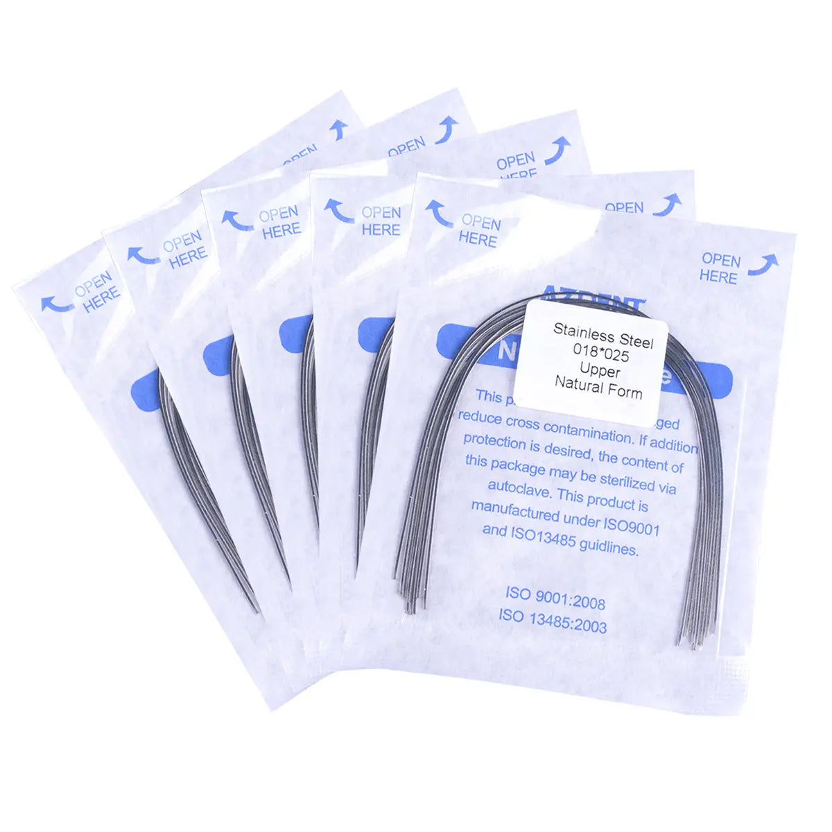 Archwire Stainless Steel Natural Form Rectangular 0.018 x 0.025 Upper 10pcs/Pack displayed in sealed transparent packages. Each package contains curved metal wires for orthodontic use, with product details printed on the packaging.