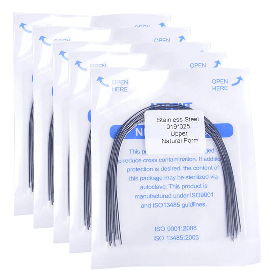 Archwire Stainless Steel Natural Form Rectangular 0.019 x 0.025 Upper 10pcs/Pack displayed in sealed sterilized packages. Curved metal wires visible through transparent pouches with blue text indicating product details and sterilization standards.