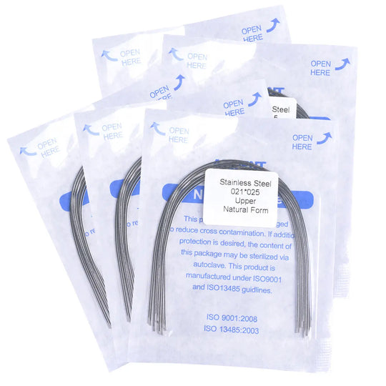 Archwire Stainless Steel Natural Form Rectangular 0.021 x 0.025 Upper 10pcs/Pack displayed in multiple sealed transparent packages. Curved metal wires visible inside, with product details and specifications printed on the packaging. Blue text indicates opening instructions.