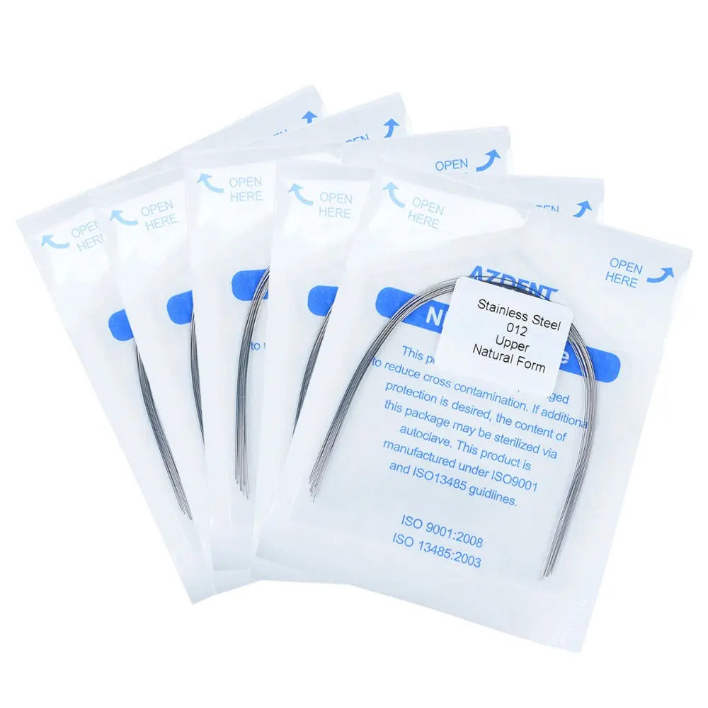 Arch Wire Stainless Steel Natural Form Round 0.012 Upper 10pcs/Pack displayed in sealed transparent packets with blue labels, showing curved orthodontic wires inside. Multiple packs arranged in a neat stack, emphasizing product quantity and packaging.