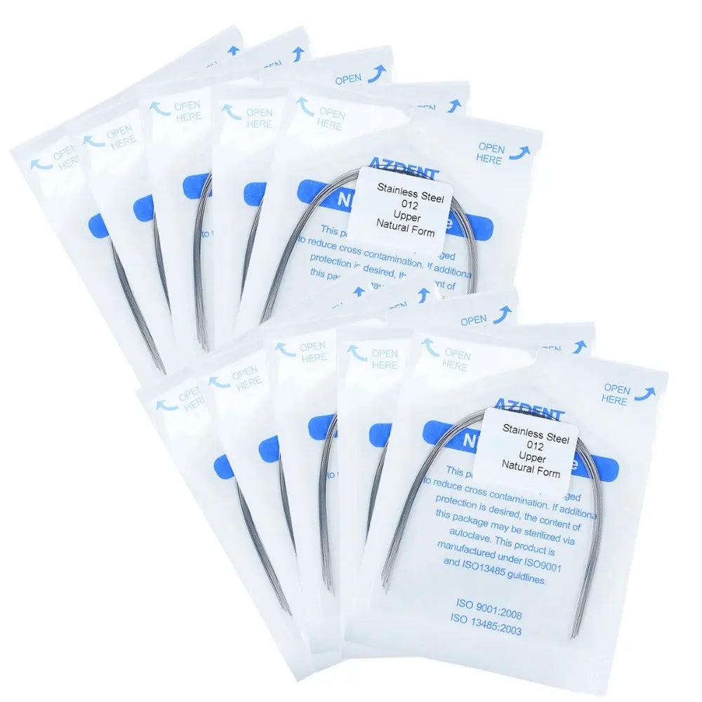 Arch Wire Stainless Steel Natural Form Round 0.012 Upper 10pcs/Pack displayed in sealed plastic packages with blue labels, showing multiple packs of dental arch wires for orthodontic treatment, arranged in two rows