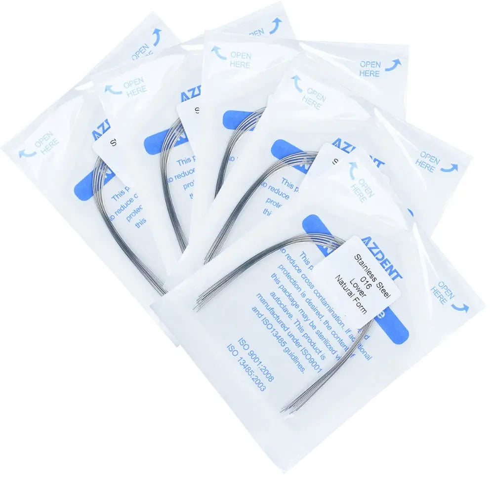 Arch Wire Stainless Steel Natural Form Round 0.016 Lower 10pcs/Pack displayed in individually sealed transparent packets with blue labeling, arranged in a fan-like pattern showing multiple units of the dental orthodontic product.