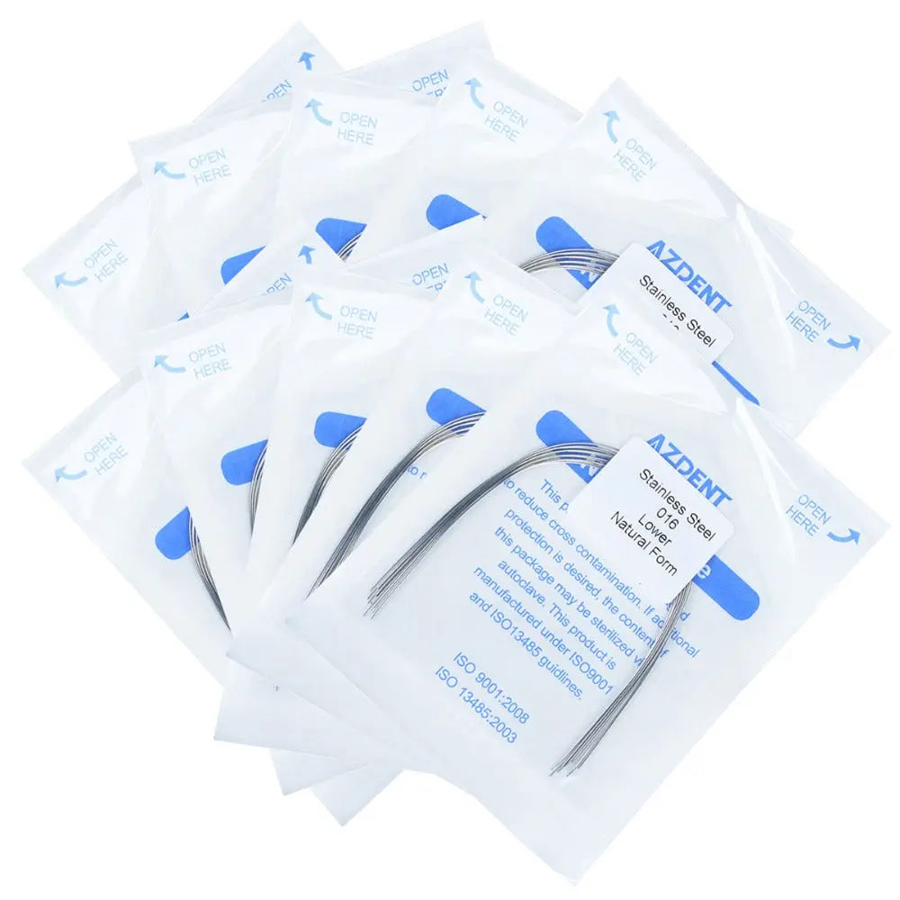 Arch Wire Stainless Steel Natural Form Round 0.016 Lower 10pcs/Pack: Multiple sealed packages containing dental orthodontic archwires, displayed with blue and white labeling, showcasing the product's packaging and quantity for orthodontic treatments.