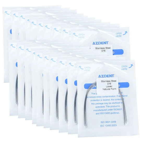 Arch Wire Stainless Steel Natural Form Round 0.016 Lower 10pcs/Pack: Multiple sealed packages of AZDENT dental orthodontic arch wires, stainless steel, natural form, round 0.016 lower, displayed in neat rows, showcasing product packaging and branding.