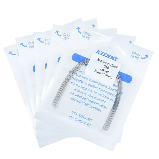 Arch Wire Stainless Steel Natural Form Round 0.018 Lower 10pcs/Pack displayed in sealed transparent packets with blue labels, showing curved metal wires for dental orthodontic use, arranged in a fan-like pattern