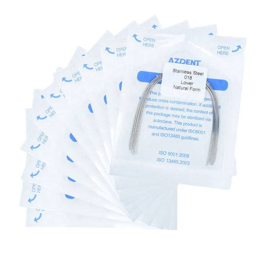 Arch Wire Stainless Steel Natural Form Round 0.018 Lower 10pcs/Pack displayed on packaging. Curved dental wire visible on blue-labeled sterile pouch. Multiple sealed pouches fanned out behind, showing product information and ISO certifications.