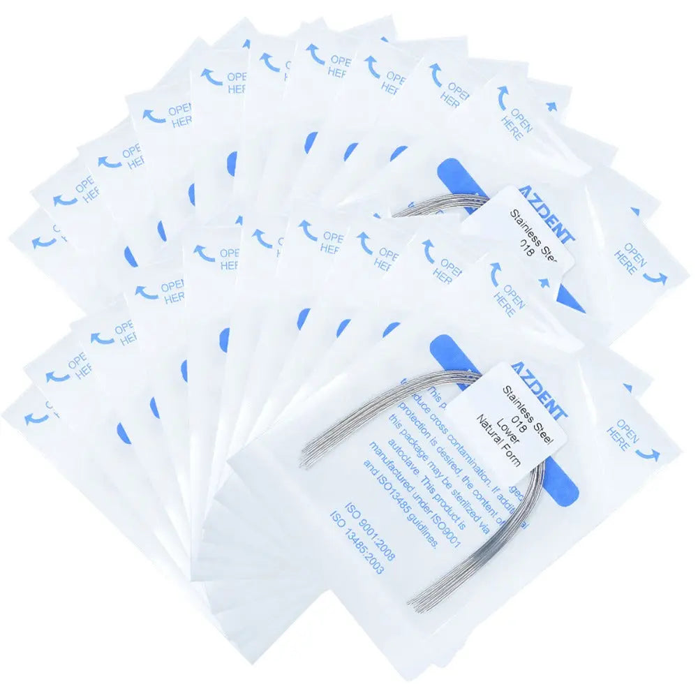 Arch Wire Stainless Steel Natural Form Round 0.018 Lower 10pcs/Pack - Multiple sealed packages containing curved dental orthodontic archwires, displayed with blue product labels visible on the packaging.