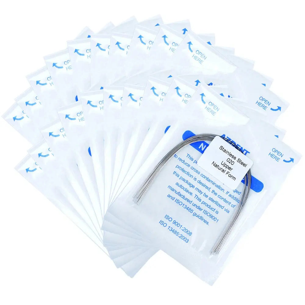 Arch Wire Stainless Steel Natural Form Round 0.020 Upper 10pcs/Pack displayed in individually sealed packages with blue labeling, showcasing dental orthodontic archwires for professional use in orthodontic treatments and procedures