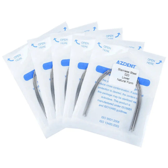 Arch Wire Stainless Steel Natural Form Round 0.020 Lower 10pcs/Pack: Five sealed packets containing curved orthodontic wires, displaying product information and AZDEN branding. Visible through transparent packaging, the wires have a natural arch shape for lower teeth alignment.