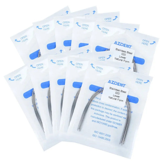 Arch Wire Stainless Steel Natural Form Round 0.020 Lower 10pcs/Pack displayed in multiple sealed transparent packages with blue labeling, showcasing dental orthodontic archwires for lower teeth alignment and orthodontic treatment