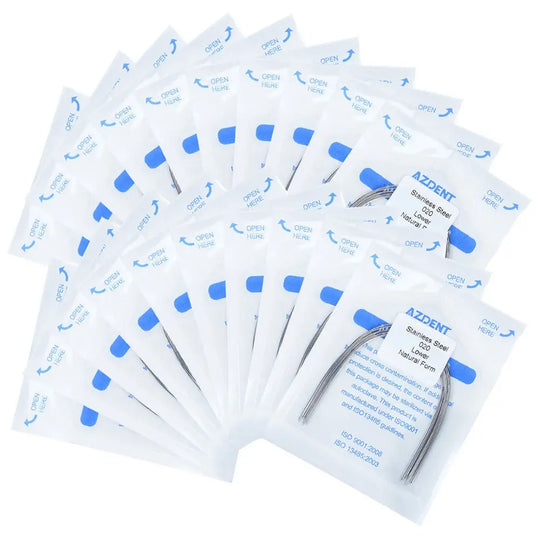 Multiple sealed packages of Arch Wire Stainless Steel Natural Form Round 0.020 Lower 10pcs/Pack arranged in rows, showcasing dental orthodontic supplies for professional use in orthodontic treatments and procedures.