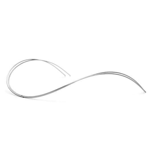 Archwire NiTi Reverse Curve True Form Rectangular 0.016 x 0.022 Upper 2pcs/Pack - Curved silver orthodontic wire on white background, showcasing the flexible and smooth design of the dental archwire for upper teeth alignment