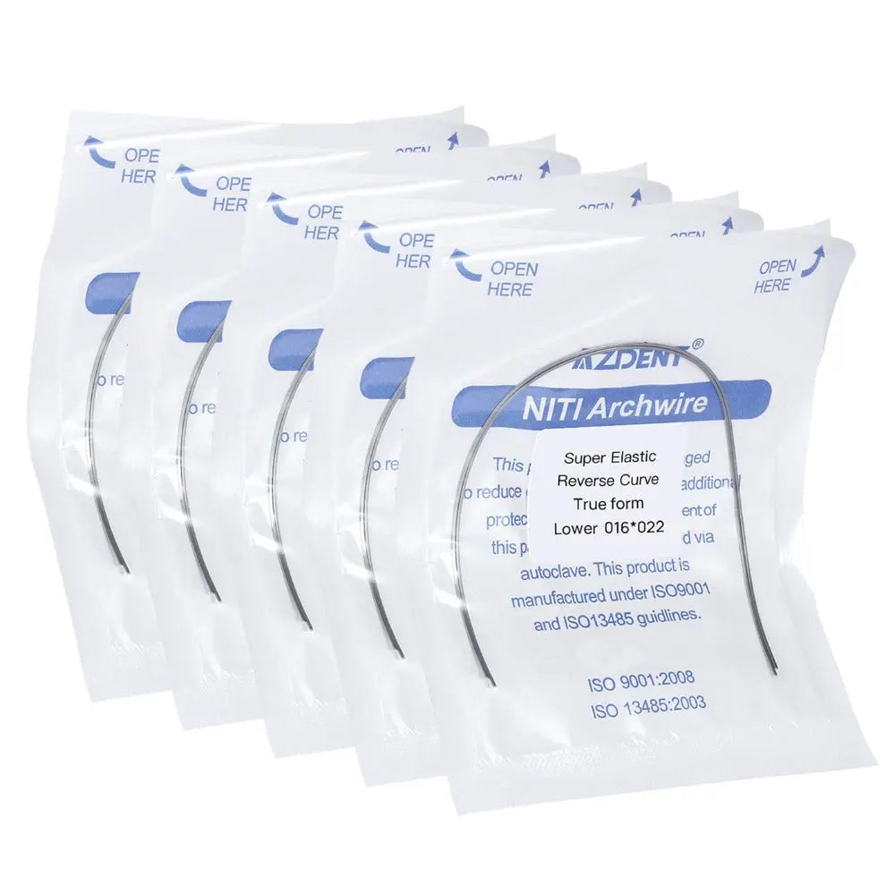 Archwire NiTi Reverse Curve True Form Rectangular 0.016 x 0.022 Lower 2pcs/Pack - Multiple sealed packages of super elastic NiTi archwires for orthodontic treatment, featuring reverse curve and true form design for lower teeth