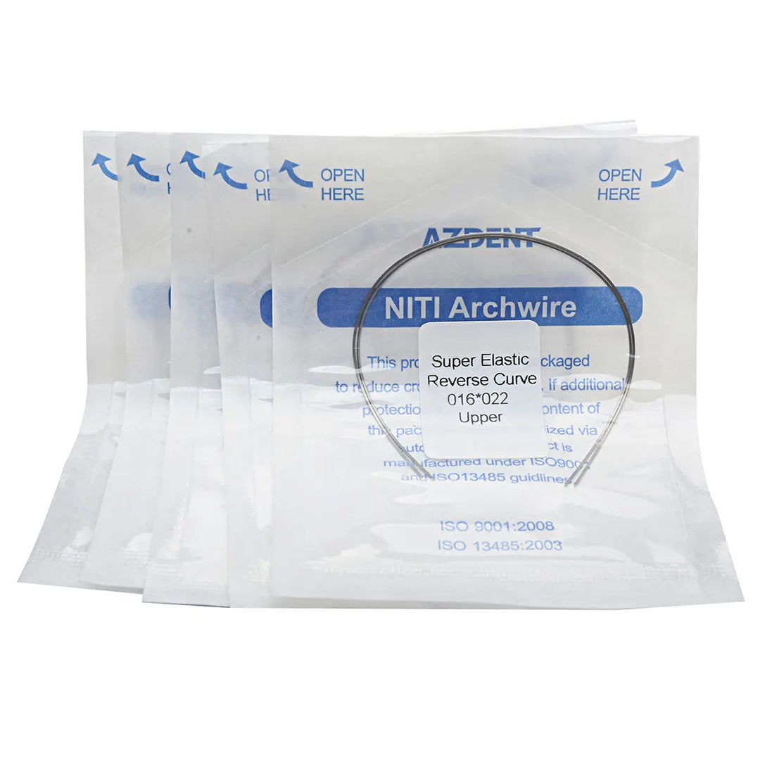 Archwire Niti Reverse Curve Rectangular 0.016 x 0.022 Upper 2pcs/Pack packaged in white sealed envelopes with blue text. NiTi Archwire label visible on packaging, showcasing dental orthodontic product for upper teeth alignment.