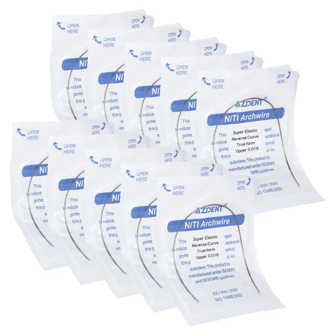 Multiple packages of Arch Wire NiTi Reverse Curve True Form Round 0.018 Upper 2pcs/Pack displayed, showing product packaging with blue labels indicating NiTi Archwire for dental use, highlighting the specialized dental equipment for orthodontic treatments.